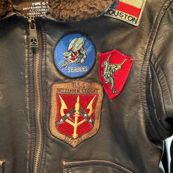 Brown Leather Aviator Bomber Jacket with Patches Top Gun size 8 - Picture 2 of 9